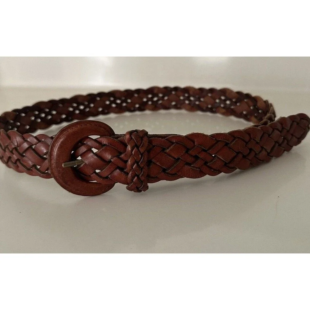 VTG 1980s 90’s Bass&Co? Boho Brown Leather Woven Braided Belt Women’s Large 1.5” - Picture 8 of 10